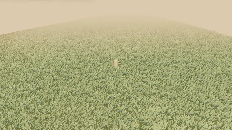 A dense field of stylised grass stretching into a warm haze, with a small figure standing in it.