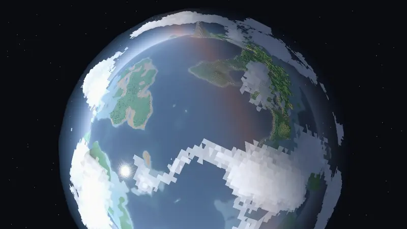 Goldberg Planet from orbit: blocky continents, oceans and clouds on a faceted sphere.