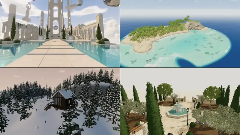 Four Holodeck worlds in a grid: a plaza of arches over water, a palm island, a snowy forest cabin and a garden with a fountain.
