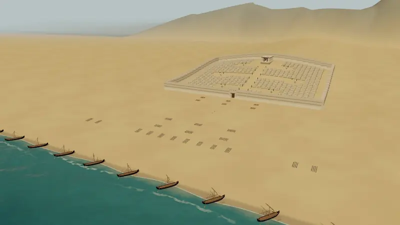 Kiln's Troy scene: a walled city, army formations and a fleet of ships along a sandy coast.
