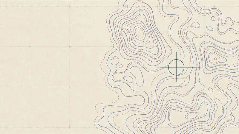 Blue and orange contour lines of a procedural field on a drafting grid, with a crosshair over one slope.