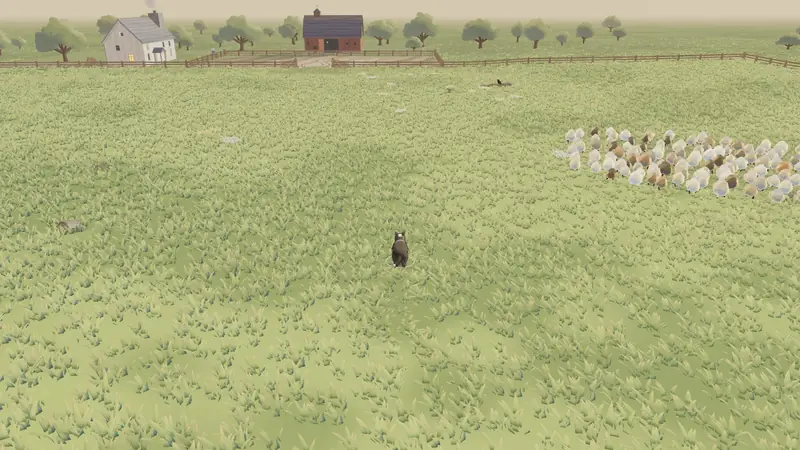 A dark sheepdog in tall pasture grass with a flock of cream and brown sheep to its right, and a white farmhouse, a red barn, trees and a fenced yard on the horizon.