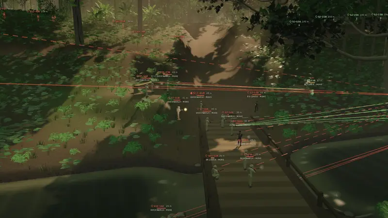Observer view of the bridge fight: PAVN soldiers firing from the wooden bridge deck, red sight lines running right toward US positions, green US fire lines answering from the far bank, with labels over each soldier.